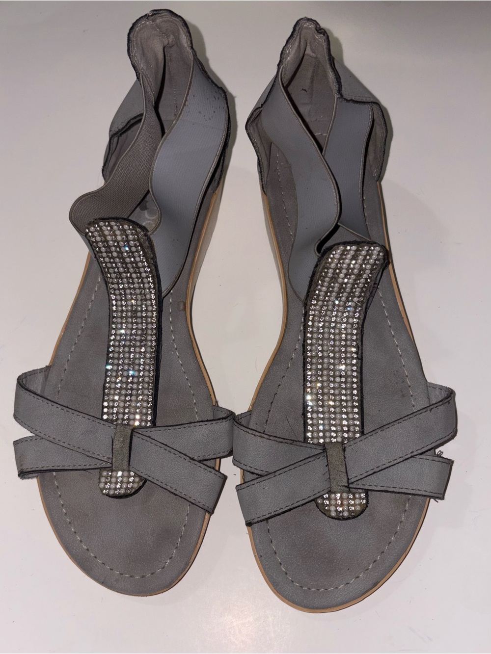 Me Too Farrah Rhinestone T-Strap Wedge Sandals Gray Wide Width 8.5W Comfort Dres